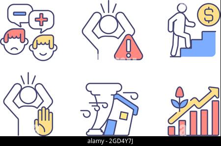 Climate skepticism and conspiracy RGB color icons set Stock Vector
