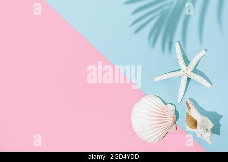 Summer concept with starfish and seashells on pink and blue background, top view Stock Photo