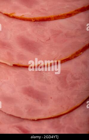 A close-up view of the sliced ham from above Stock Photo