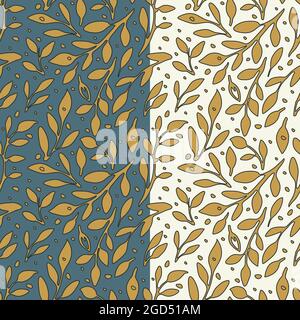 Hand drawn leaf branches seamless pattern. Random gold yellow leaves, dark grey stroke. White, dark blue easy editable color background. Vector Stock Vector