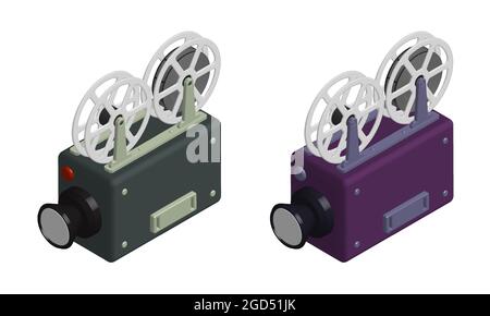 Isometric old camcorder. Filming movie on retro instrument. Film recording of movie. Realistic 3D vector isolated on white background Stock Vector