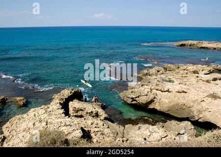 Rock Formation on Dor-Habonim beach, Israel Stock Photo