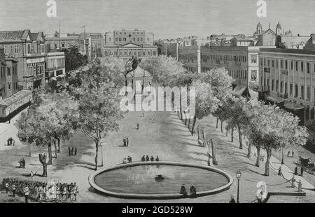 Egypt, Alexandria. On June 11, 1882, a xenophobic movement breaks out in the city and extends to other cities, causing the murder of 200 foreigners. The conflict arose from the entry of English and French ships into the port of Alexandria. View of the Consuls Square, the site of the bloody scenes of 11 June. Drawing by Juan Comba. Engraving by Tomás Carlos Capuz. La Ilustración Española y Americana, 1882. Stock Photo