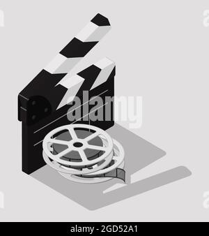 isometric Clapper board for shooting film and reels of film strips. Realistic 3d vector isolated on white background Stock Vector