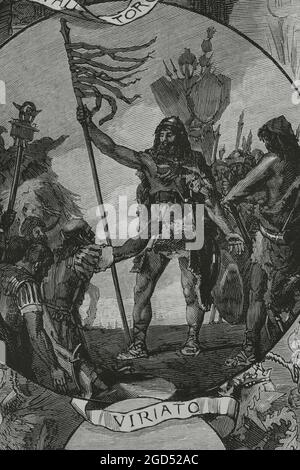Viriato or Viriathus (d. 139 BC). Leader of the Lusitanian tribe that fought against the expansion of the Roman Empire in Hispania. Drawing by the author, Ramón Padró. Decorative paintings in the assembly hall of the Palace of the Provincial Deputation of Zamora. Engraving. La Ilustración Española y Americana, 1882.
