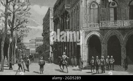 Egypt. Occupation of Cairo by the English. Esbekiyeh Street, called by Europeans 'Hotel-Sepheard', in which several British generals hosted. Engraving. La Ilustración Española y Americana, 1882. Stock Photo