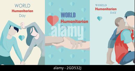 World Humanitarian Day. Set of vector illustrations of a man and a woman showing a heart, handshake for friendship, work together, volunteer helping a Stock Vector