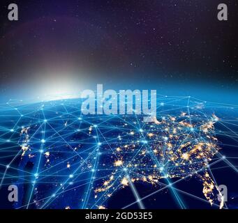 Planet Earth, North America city lights and worldwide digital network infrastructure. Some elements of the image furnished by NASA. Stock Photo