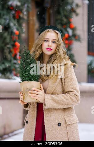 Beautiful Christmas Tree In Pot On Table Near White Brick Wall Stock 