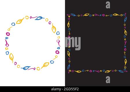 Doodle ink brush stroke line circle, square Frames. Hand drawn colored artistic elements. White, black easy editable background. Vector Stock Vector