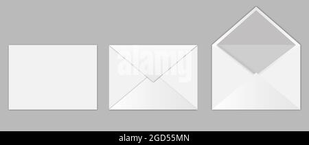 Set of realistic white envelopes. Folded and unfolded envelope mockup. Vector illustration  isolated on gray background Stock Vector