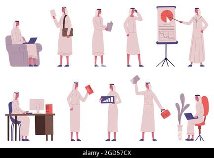 Arabian islamic male busy business office character. Arab businessman work in office, business activity muslim person vector illustration set. Muslim Stock Vector