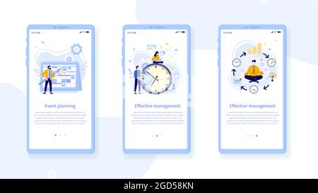 Time management mobile interface template. Man with pencil and schedule planning events and tasks. Employees working Stock Vector