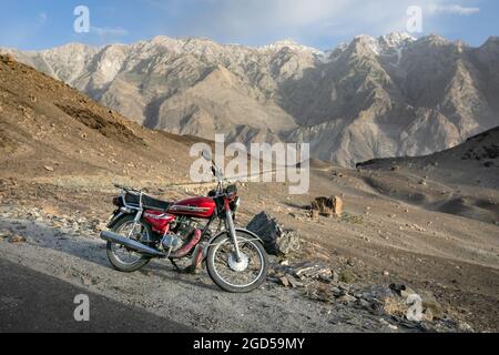 Gilgit Baltistan, Pakistan - June 2021: Motorbike in mountains Stock Photo