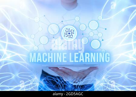 Conceptual caption Machine Learning. Word for scientific study of algorithms and statistical models Lady In Uniform Standing Holding Tablet Typing Stock Photo