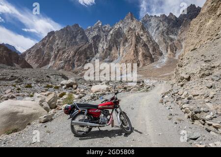 Gilgit Baltistan, Pakistan - June 2021: Motorbike in mountains Stock Photo
