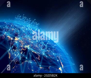 Planet Earth, city lights and worldwide growth digital data network infrastructure. Some elements of the image furnished by NASA. Stock Photo