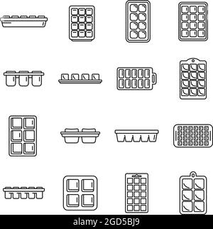 Ice cube trays icons set outline vector. Cool container. Kitchen freezer Stock Vector
