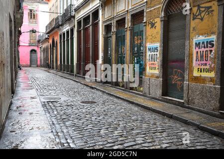 Old Colonial buildings on the cobblestone streets of Rio de Janeiro in Brazil. Stock Photo