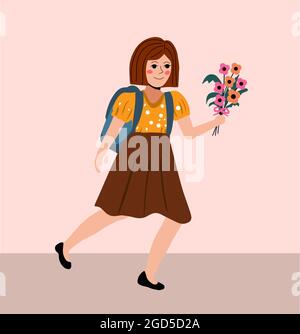 Schoolgirl with flowers in a flat style. Back to school concept. Little girl student. Vector illustration Stock Vector