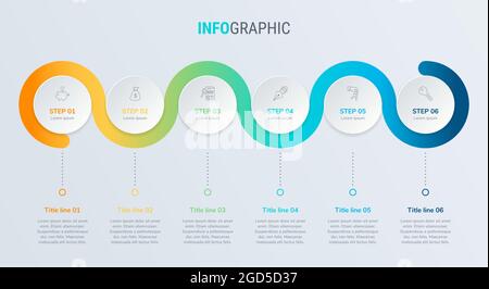 Timeline infographic design vector. 6 options, circle workflow layout. Vector infographic timeline template. Stock Vector