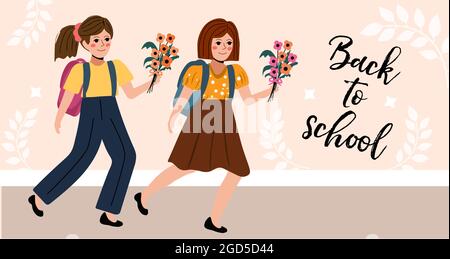 Schoolgirl with flowers in a flat style. Back to school concept. Little girl student. Vector illustration Stock Vector