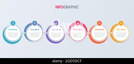 Colorful diagram, infographic template. Timeline with 6 options. Rounded workflow process for business. Vector design. Stock Vector