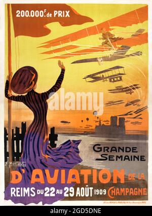 Vintage poster art - retro – Grande semaine d'aviation de la Champagne: Reims de 22 au 29 août 1909. Ernest Montaut (1878-1909) artwork. Aviation. Stock Photo