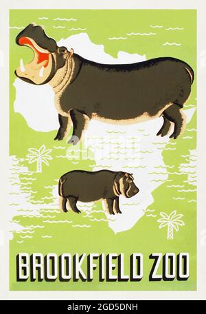 Vintage poster art - retro – Brookfield Zoo. Hippo. Special version, without 'Information' in the top right corner. Stock Photo