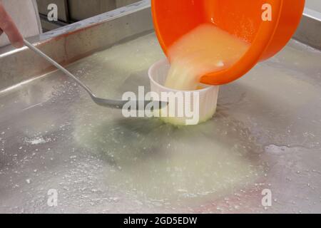 phases of ricotta production in a cheese factory in Greece Stock Photo