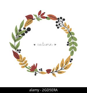 Cute simple autumn round frame on white background. Floral wreath. Vector hand drawn illustration for your design, card, greeting, invitation Stock Vector