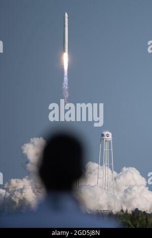 Wallops Island, United States. 11th Aug, 2021. A Northrop Grumman Antares rocket carrying a Cygnus resupply spacecraft launches from Pad-0A of the Mid-Atlantic Regional Spaceport, on Tuesday, August 10, 2021, at NASA's Wallops Flight Facility in Virginia. Northrop Grumman's 16th contracted cargo resupply mission with NASA will deliver nearly 8,200 pounds of science and research, crew supplies and vehicle hardware to the International Space Station and its crew. NASA Photo by Joel Kowsky/UPI Credit: UPI/Alamy Live News