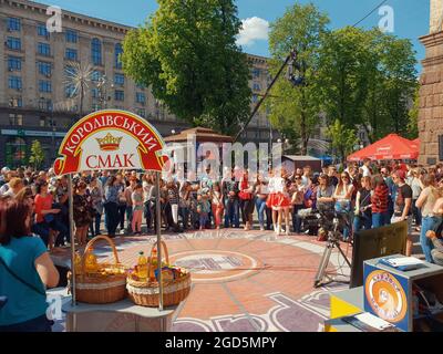 Kiev, Ukraine-April 29, 2018: Big crowd watching waiting for the start of an event on Kreschatik street in Kiev, Ukraine. Ukrainians like to watch sho Stock Photo