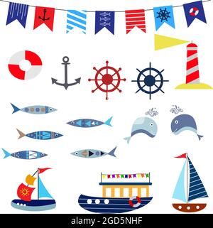 Marine set - fish, ships and flags, lighthouse. Vector illustration on a white background. Stock Vector