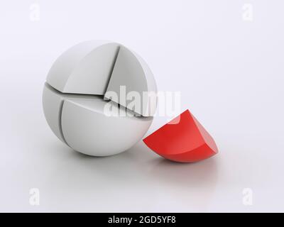 Abstract sliced spherical object with cutted off red one eighth piece laying nearby on an empty white studio background. 3d rendering illustration Stock Photo