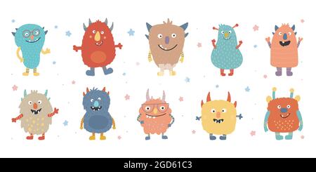 Monster colorful head face set. Eyes, tongue, tooth fang. Happy Halloween. Cute cartoon kawaii scary funny baby character. Stock Vector