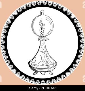 Doodle lantern, kerosene lamp in vintage style with lace. Silhouette of lamp hand drawn by pencil in black and white colors Stock Vector