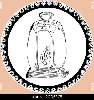 Doodle lantern, kerosene lamp in vintage style with lace. Silhouette of lamp hand drawn by pencil in black and white colors Stock Vector