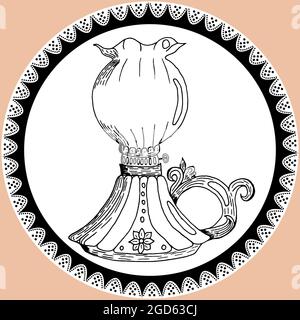 Doodle lantern, kerosene lamp in vintage style with lace. Silhouette of lamp hand drawn by pencil in black and white colors Stock Vector