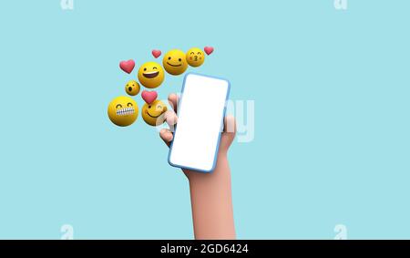 Person holding a smartphone with emoji online social media icons. 3D Rendering Stock Photo