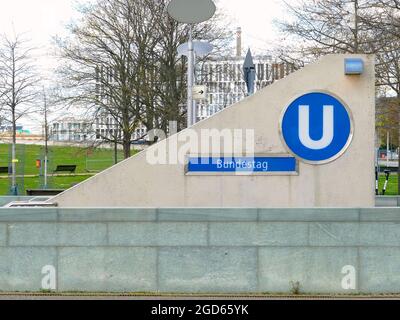 Berlin, Germany, April 23, 2021, subway entrance of the 'Kanzlerlinie' at the German Bundestag. Stock Photo