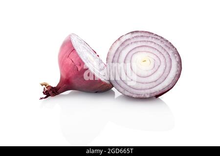Onion, Sliced red onions. Two half onions on white background Stock Photo