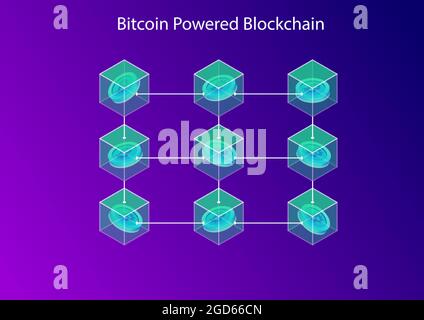 Bitcoin powered blockchain concept. 3d isometric vector illustration of connected blocks and crypto currency. Stock Vector