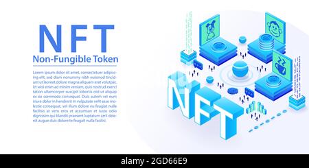 NFT non-fungible token concept as wide web banner layout. 3d isometric vector illustration of digital artwork purchased by crypto currency. Stock Vector