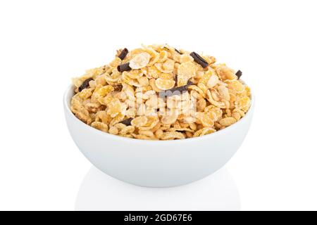 Corn flakes. chocolate corn flakes in white bowl without milk, on white background Stock Photo