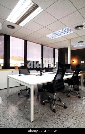 modern open space office with computer monitors on white desks Stock Photo