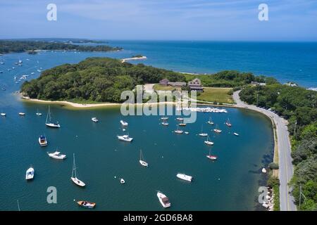 Aerial view of the Quissett Yacht Club and harbor near Woods Hole and Falmouth, Cape Cod Stock Photo