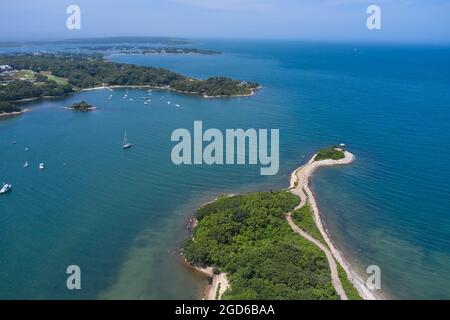 Aerial drone view of the Knob, Quissett harbor, Gansett point and Buzzards bay near Woods Hole and Falmouth, Cape Cod Stock Photo