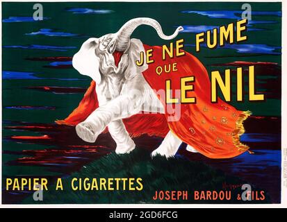 Old and vintage advertisement / poster. Leonetto Cappiello – Je Ne Fume Que Le Nil, 1912 poster. Cigarette paper advertisement with a happy Elephant. Stock Photo