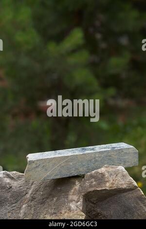 Mock-up of an empty podium with a natural concept of a rock and green plants. To demonstrate your product on a stone background. High quality photo Stock Photo